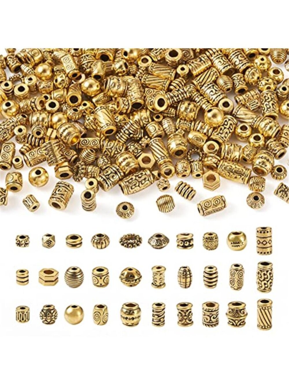 300Pcs Antique Golden Tibetan Alloy Spacer Beads 30 Styles Assorted Polygon